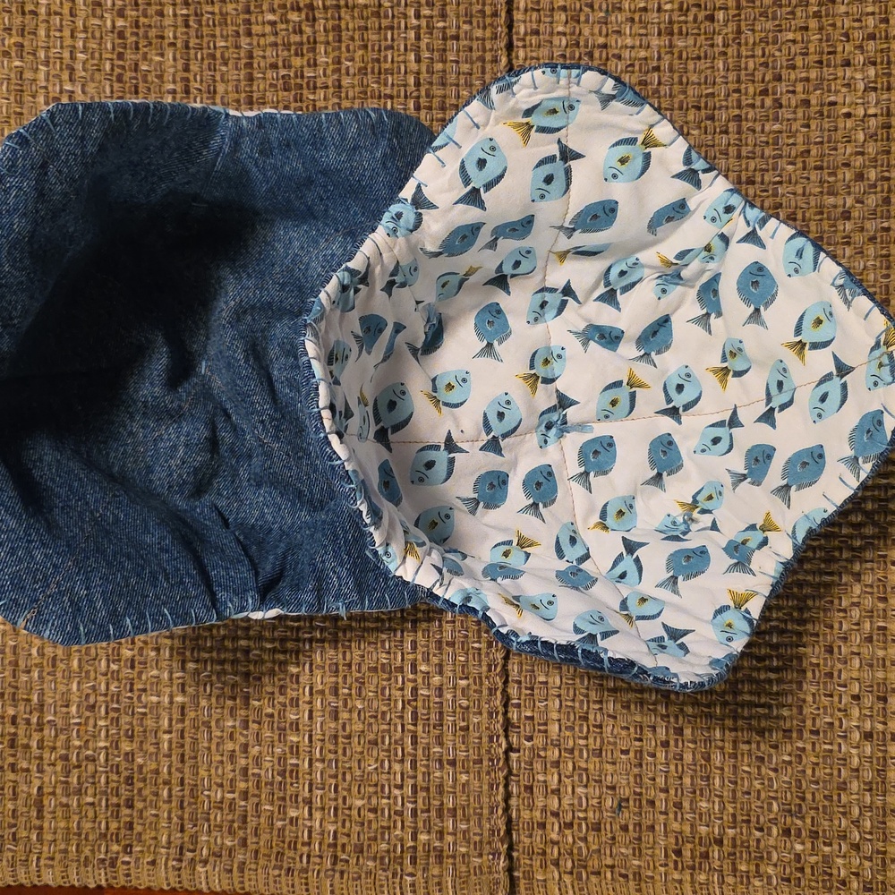 Blue Swimming Fish 2 Cozies Upcycled Blue Denim Jeans Hand Crafted XL